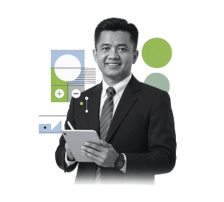 Profesional pria tersenyum mewakili layanan sertifikasi halal LPH LPPOM yang cepat dan transparan, dengan simbol checklist dan jam pasir