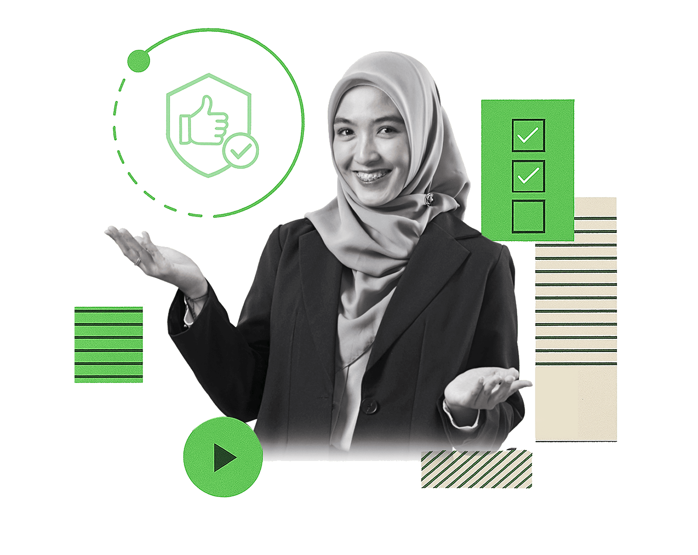 Visual sertifikasi halal LPH LPPOM – Perempuan berhijab dengan dokumen checklist produk halal yang telah terdaftar resmi BPJPH