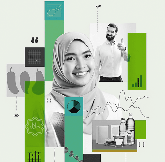 Banner LPPOM – Profesional berhijab mewakili sertifikasi halal BPJPH dengan ilustrasi data dan produk makanan-minuman