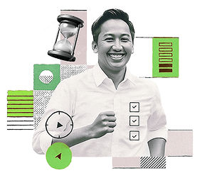 Profesional pria tersenyum mewakili layanan sertifikasi halal LPPOM yang cepat dan transparan, dengan simbol checklist dan jam pasir