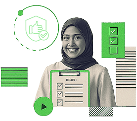 Visual sertifikasi halal LPPOM – Perempuan berhijab dengan dokumen checklist produk halal yang telah terdaftar resmi BPJPH