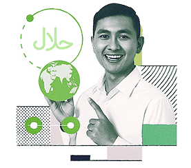 Visual dukungan LPPOM untuk akses pasar global – Pria profesional tersenyum mewakili produk bersertifikat halal diterima internasional